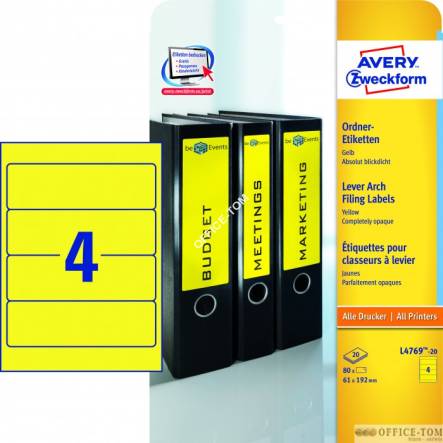 Etykiety AVERY ZWECKFORM na segregatory A4, 20 ark./op., 192 x 61 mm, żółte