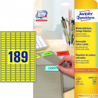 Etykiety AVERY ZWECKFORM usuwalne kolorowe A4, 20 ark./op., 25,4 x 10 mm, żółte