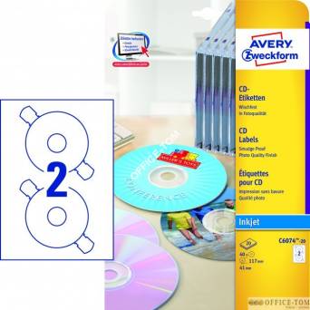 Etykiety AVERY ZWECKFORM na płyty CD A4, 20 ark./op., ø117 mm, błyszczące