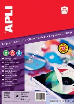 Etykiety APLI  na CD/DVD sr.114mm 50szt biale usuwalne
