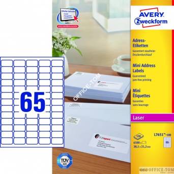 Etykiety AVERY ZWECKFORM adresowe białe A4, 100 ark./op., 38,1 x 21,2 mm, białe