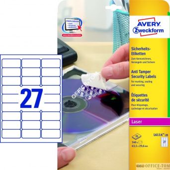 Etykiety AVERY ZWECKFORM zabezpieczające - plomby A4, 20 ark./op., 63,5 x 29,6 mm, białe, poliestrowe