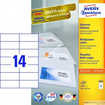 Trwałe Etykiety AVERY ZWECKFORM uniwersalne A4, 100 ark./op., 105 x 42,3 mm, białe