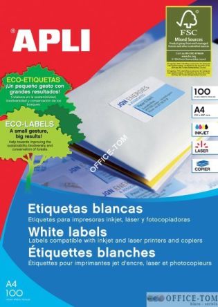 Etykiety uniwersalne, prostokątne, 143g/m2, CIE 162, 210x297mm, APLI białe 100 szt.AP3141