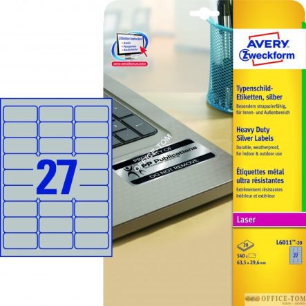 Etykiety AVERY ZWECKFORM znamionowe srebrne A4, 20 ark./op., 63,5 x 29,6 mm, srebrne, poliestrowe