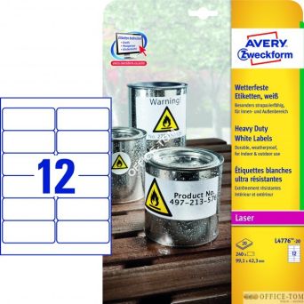 Etykiety AVERY ZWECKFORM Heavy Duty A4, 20 ark./op., 99,1 x 42,3 mm, białe, poliestrowe