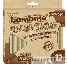 Kredki BAMBINO trójkątne w naturalnej oprawie drewnianej, 12 kolorów, temperówka