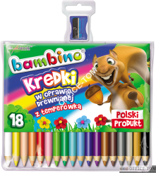 Kredki BAMBINO trójkątne w oprawie drewnianej, 18 kolorów + temperówka