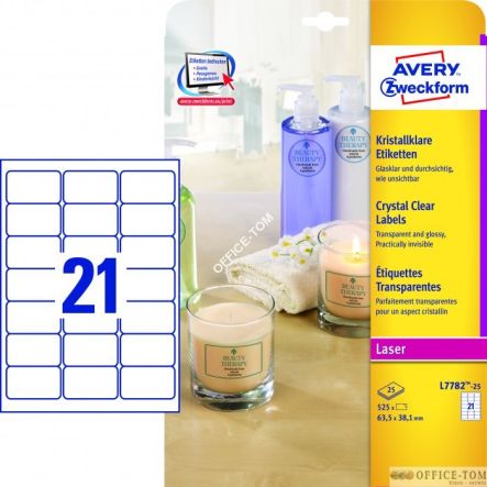 Etykiety AVERY ZWECKFORM przezroczyste Crystal Clear A4, 25 ark./op., 63,5 x 38,1 mm, przezroczyste