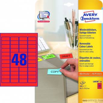 Etykiety AVERY ZWECKFORM usuwalne kolorowe A4, 20 ark./op., 45,7 x 21,2 mm, czerwone