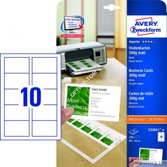 Wizytówki AVERY ZWECKFORM zadruk jednostronny, matowe, białe, 200g atrament, laser 85 x 54