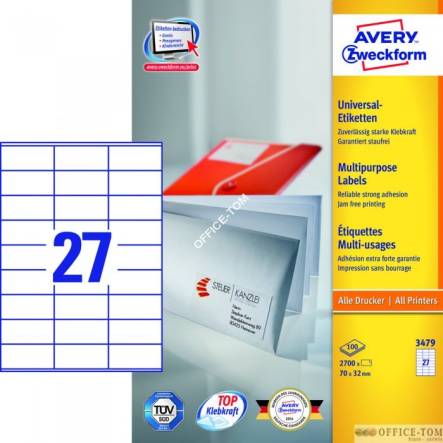 Trwałe Etykiety AVERY ZWECKFORM uniwersalne A4, 100 ark./op., 70 x 32 mm, białe