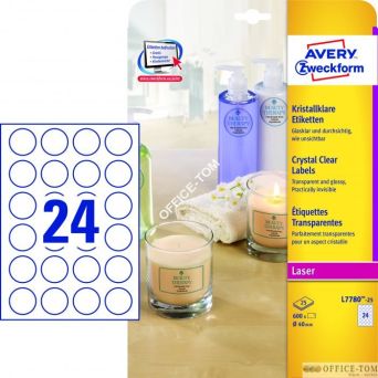 Etykiety AVERY ZWECKFORM przezroczyste Crystal Clear A4, 25 ark./op., Ø40 mm, przezroczyste