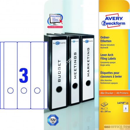 Etykiety AVERY ZWECKFORM na segregatory A4, 25 ark./op., 61 x 297 mm, białe