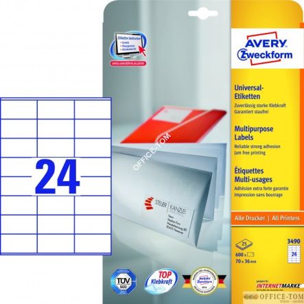 Trwałe Etykiety AVERY ZWECKFORM uniwersalne A4, 25 ark./op., 70 x 36 mm, białe