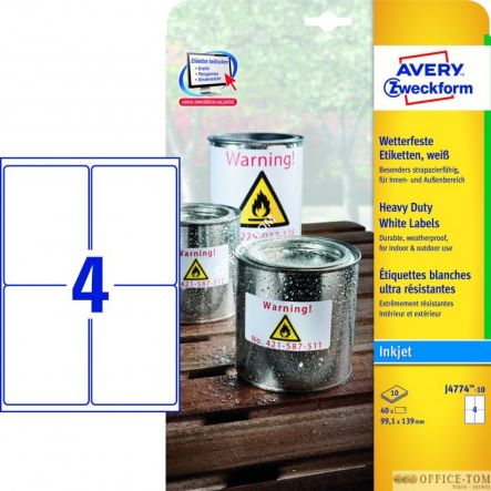 Etykiety AVERY ZWECKFORM Heavy Duty A4, 10 ark./op., 99,1 x 139 mm, białe, poliestrowe