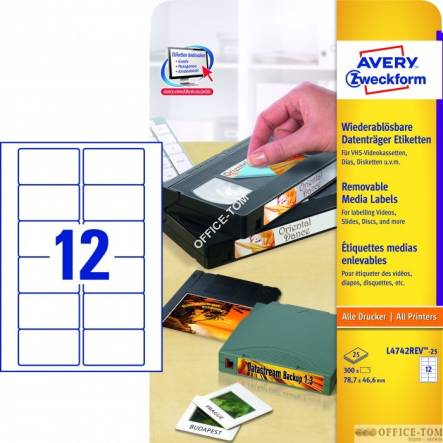 Etykiety AVERY ZWECKFORM na kasety wideo A4, 25 ark./op., 78,7 x 46,6 mm, białe, usuwalne