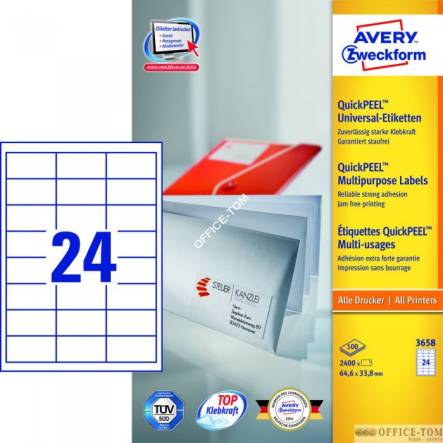 Trwałe Etykiety AVERY ZWECKFORM uniwersalne A4, 100 ark./op., 64,6 x 33,8 mm, białe