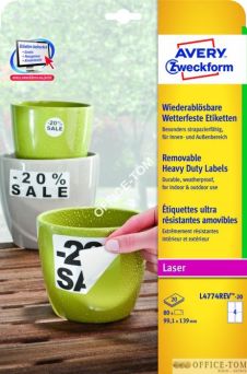 Usuwalne etykiety Heavy Duty Avery Zweckform A4L4774REV-20 usuwalne 99.1x139 białe, poliestrowe