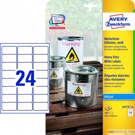 Etykiety AVERY ZWECKFORM Heavy Duty A4, 10 ark./op., 63,5 x 33,9 mm, białe, poliestrowe
