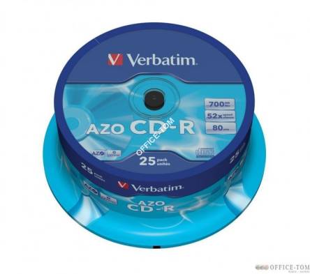 Płyta VERBATIM CD-R  cake box 25  700MB  52x  Crystal  DataLife+ AZO