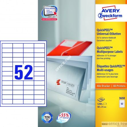 Trwałe Etykiety AVERY ZWECKFORM uniwersalne A4, 100 ark./op., 48 x 21  mm, białe