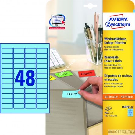 Etykiety AVERY ZWECKFORM usuwalne kolorowe A4, 20 ark./op., 45,7 x 21,2 mm, niebieskie