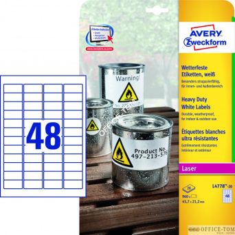 Etykiety Heavy Duty Avery Zweckform, A4, 20 ark./op., 45,7 x 21,2 mm, białe, poliestrowe