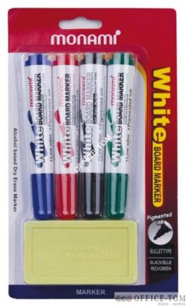 Marker MONAMI WHITE BOARD okrągła końcówka+gąbka, 4 szt. mix kolorów (czarny, niebieski, czerwony, zielony)/1