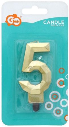 Świeczka cyferka 5 - Diament, metalik złoty, 7.6 cm, GoDan