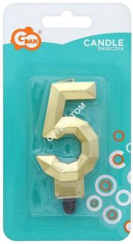 Świeczka cyferka 5 - Diament, metalik złoty, 7.6 cm, GoDan