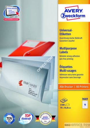 Etykiety uniwersalne Avery Zweckform 70 x 50,8 Biały 1500szt 100 arkuszy papierowe