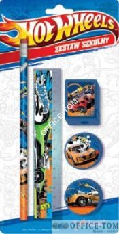 Zestaw szkolny 5 elementów 2 gumki, temperówka, linijka, ołówek- blister HOT WHEELS  ST.MAJEWSKI