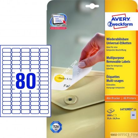 Usuwalne Etykiety AVERY ZWECKFORM uniwersalne A4, 25 ark./op., 35,6 x 16,9 mm, białe