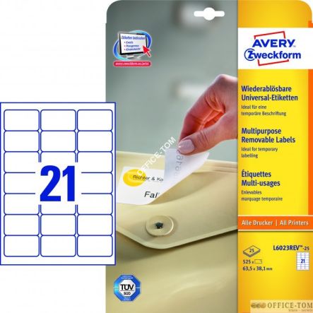 Usuwalne Etykiety AVERY ZWECKFORM uniwersalne A4, 25 ark./op., 63,5 x 38,1 mm, białe