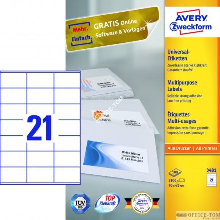 Etykiety uniwersalne Avery Zweckform 70 x 41 Biały 2100szt 100 arkuszy papierowe