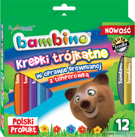 Kredki BAMBINO trójkątne w oprawie drewnianej, 12 kolorów, temperówka