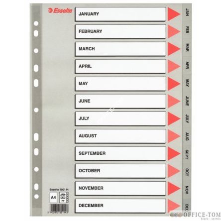 Przekładki plastikowe szare PP numeryczne A4 ESSELTE, 12 miesięcy