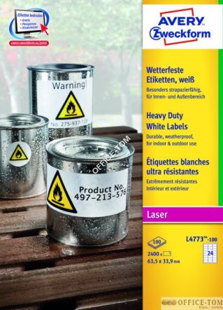 Etykiety Heavy Duty Avery Zweckform; A4, 100 arkuszy 63,5 x 33,9 mm, białe