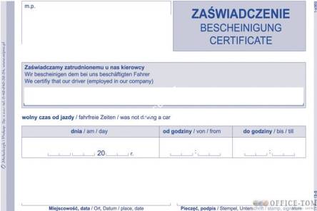 Zaświadczenie w sprawie czasu wolnego od jazdy MICHALCZYK I PROKOP A6 80 kartek