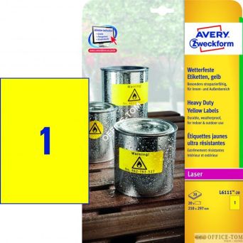 Etykiety AVERY ZWECKFORM Heavy Duty A4, 20 ark./op., 210 x 297 mm, żółte, poliestrowe
