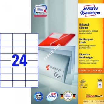 Trwałe Etykiety AVERY ZWECKFORM uniwersalne A4, 100 ark./op., 70 x 37 mm, białe