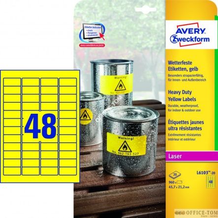 Etykiety AVERY ZWECKFORM Heavy Duty A4, 20 ark./op., 45,7 x 21,2 mm, żółte, poliestrowe
