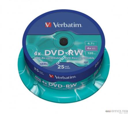 Płyta VERBATIM DVD-RW  cake 25  4,7GB  4x Matt Silver