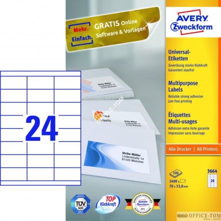 Trwałe Etykiety AVERY ZWECKFORM uniwersalne A4, 100 ark./op., 70 x 33,8 mm, białe