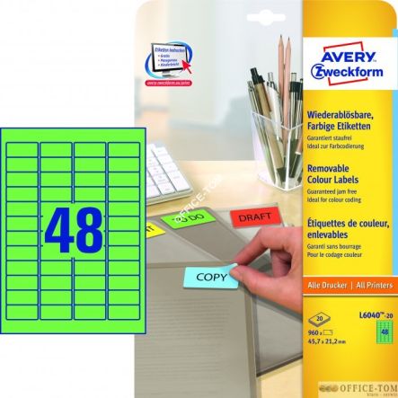 Etykiety AVERY ZWECKFORM usuwalne kolorowe A4, 20 ark./op., 45,7 x 21,2 mm, zielone