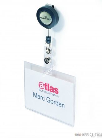 Identyfikator z zawieszką ściągającą o wymiarach 60x90 mm z wkładkami do zadrukowania. Możliwość wyciągania identyfikatora na odległość do 60 cm. Opakowanie 10 sztuk. Durable