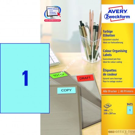 Etykiety AVERY ZWECKFORM trwałe kolorowe A4, 100 ark./op., 210 x 297 mm, niebieskie