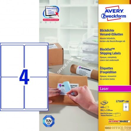 Etykiety wysyłkowe białe; A4, opakowanie 100 ark. 99,1 x 139 mm,  L7169-100 Avery Zweckform