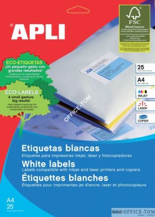 Etykiety APLI uniwersalne 210x297 Biały 25ark 625szt (AP1215)